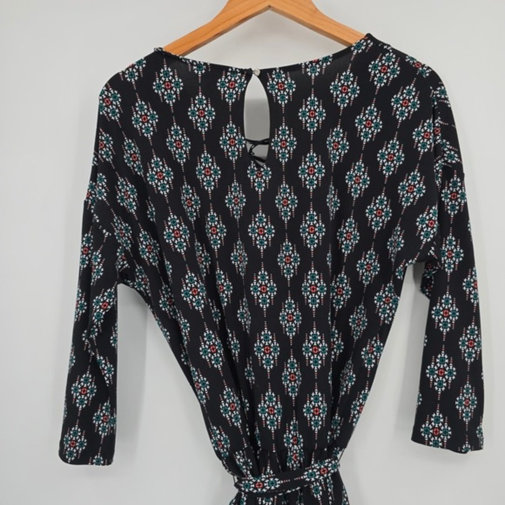 Market & Spruce Womens Black Geometric Tribal Lace Up Romper Small 3/4 Sleeve - Picture 3 of 12
